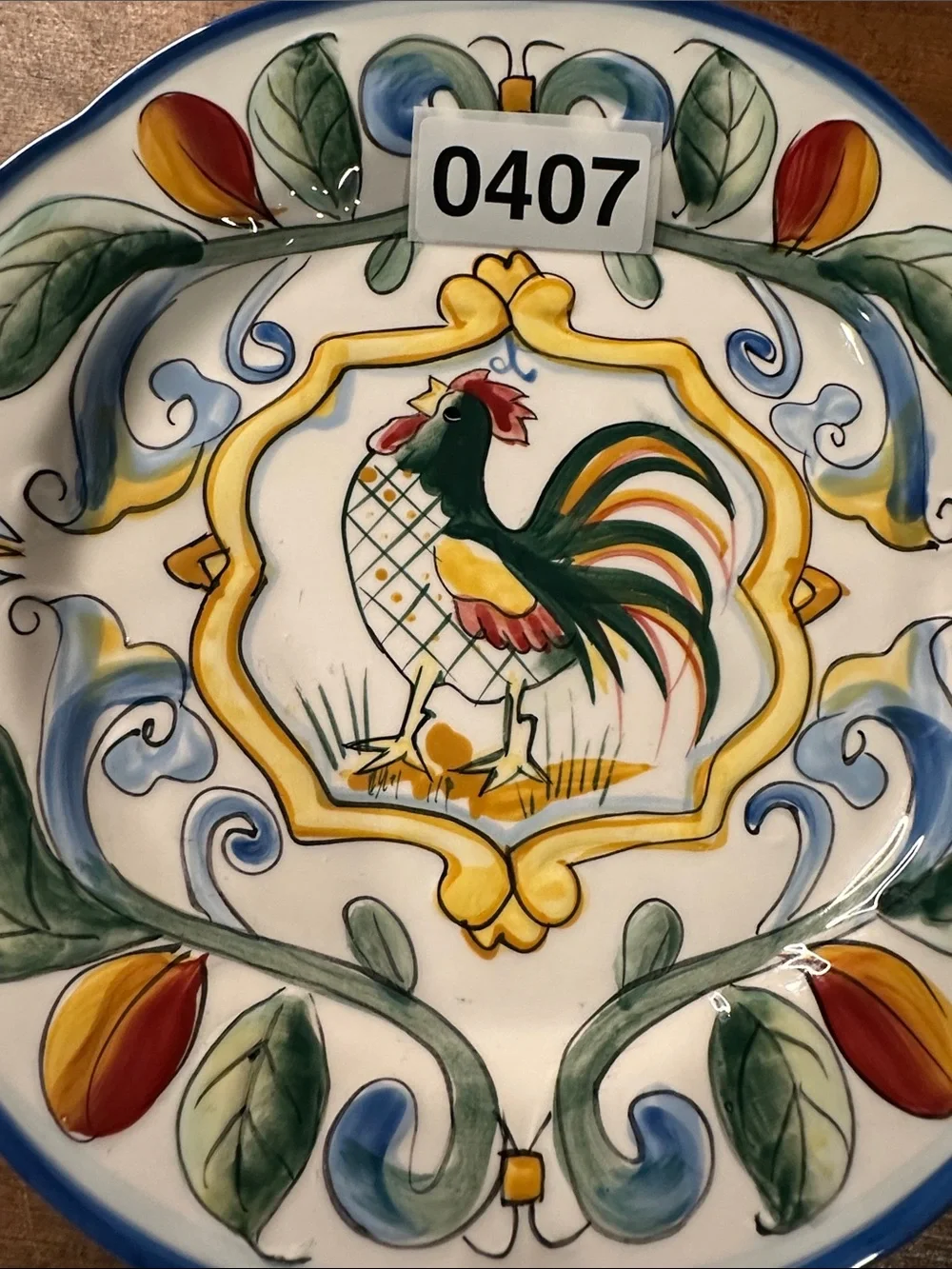 Fitz and Floyd Ricamo Rooster Salad Plates Set of 3 Blue Rim 9 inch